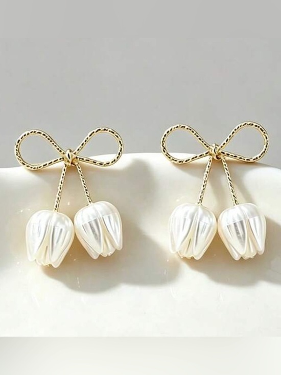 Jewelry - Gold and White Bow Drop Earrings